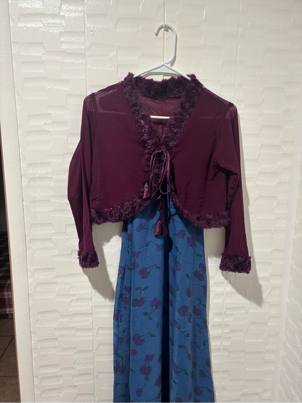 Indian Summer Plum Purple Sheer Shrug with Blue Floral Slip Dress